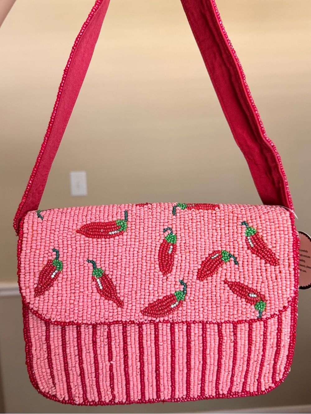 Pink Beaded Chili Pepper Shoulder Bag